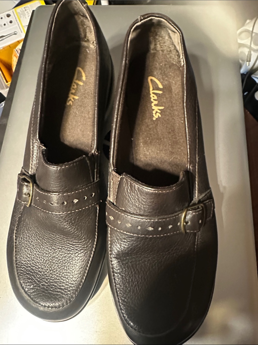 Clarks Women's Brown Leather Buckle Loafers